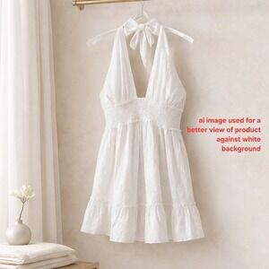 Aerie White Eyelet Halter Mini Dress Smocked Waist Ruffle Hem New XL